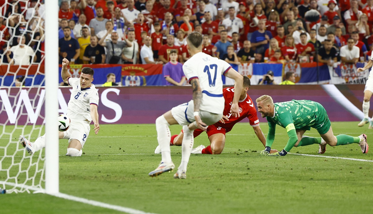 Serbia's Luka Jovic scores a goal that was later disallowed for off-side during the Euro 2024 Group D match against Denmark at Munich Football Arena, Germany, on Tuesday.