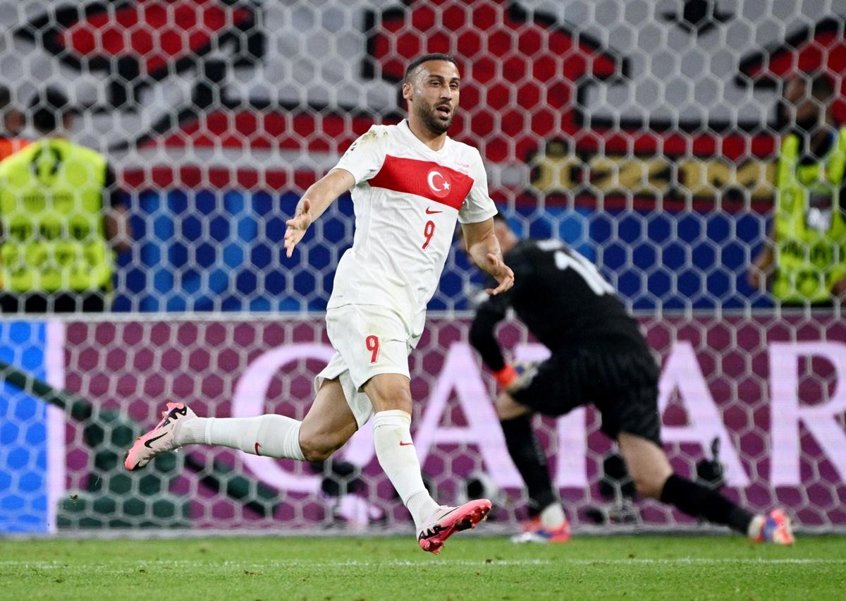 Cenk Tosun celebrates scoring the match-winner for Turkey in the Euro 2024 Group F match against the Czech Republic at Hamburg Volksparkstadion, Hamburg.