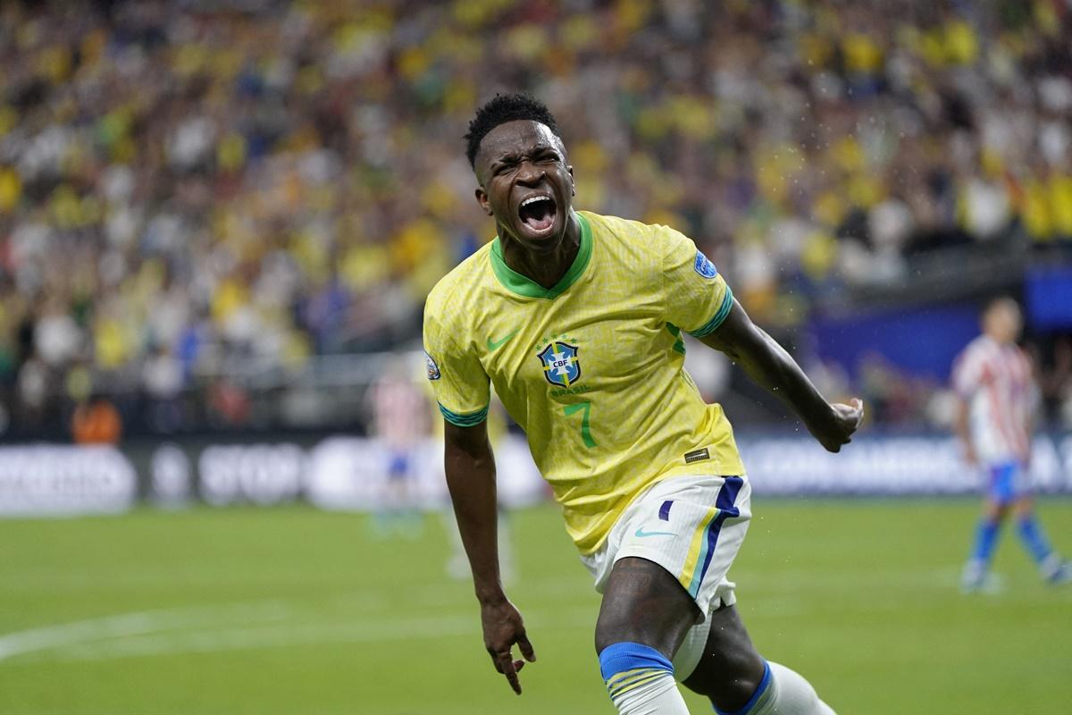 Vinicius Junior celebrates scoring against Paraguay in the Copa America Cup match at Allegiant Stadium,  Las Vegas, on Friday. 