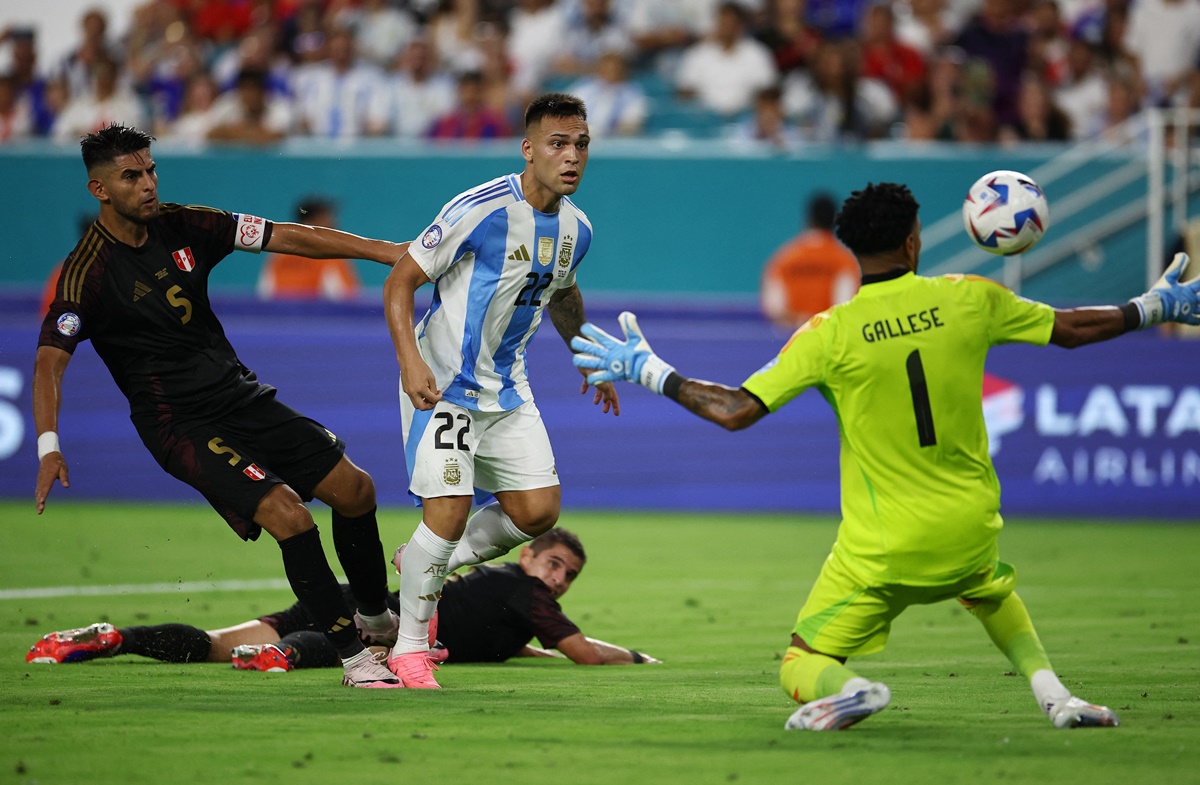 Lautaro Martinez scores his and Argentina's second goal during the Copa America 2024 Group A match against Peru, at Hard Rock Stadium, Miami, Florida, on Saturday.