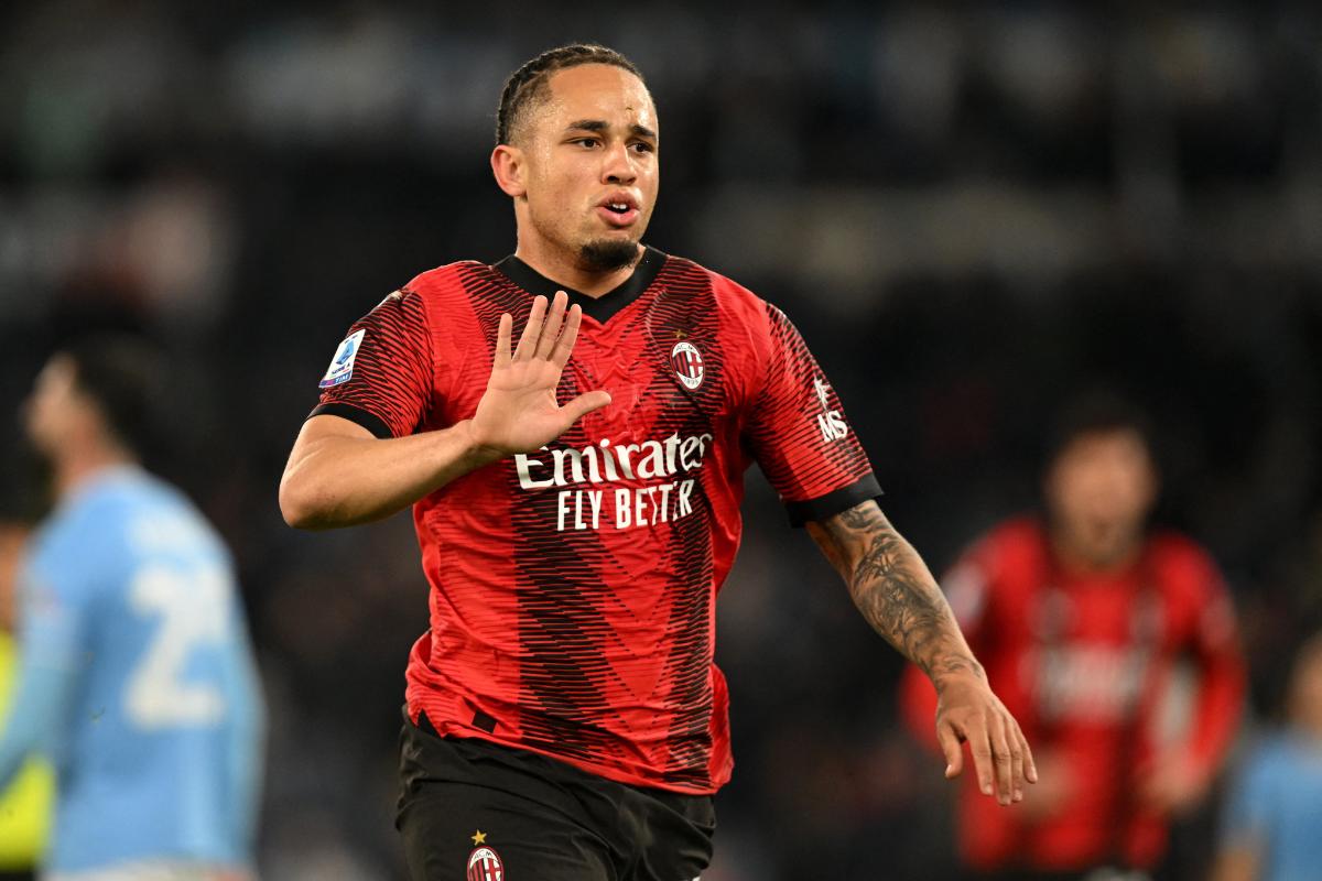 AC Milan's Noah Okafor celebrates scoring against Lazio in their Serie A match  at Stadio Olimpico, Rome, Italy