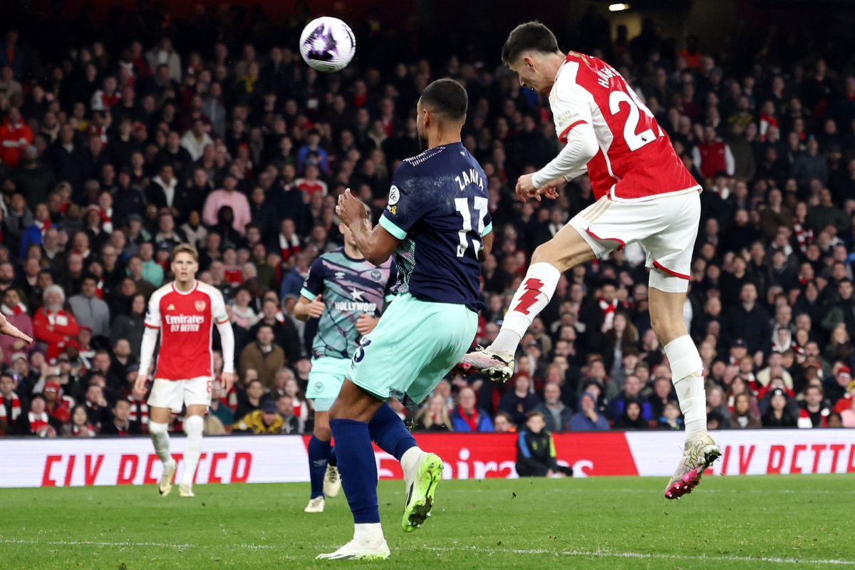 Arsenal's Kai Havertz heads to score the winnwer against Brentford at Emirates Stadium, London 