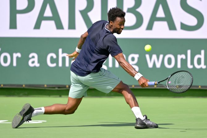 France's Gael Monfils hits a shot during his third round win over Britain's Cameron Norrie. 