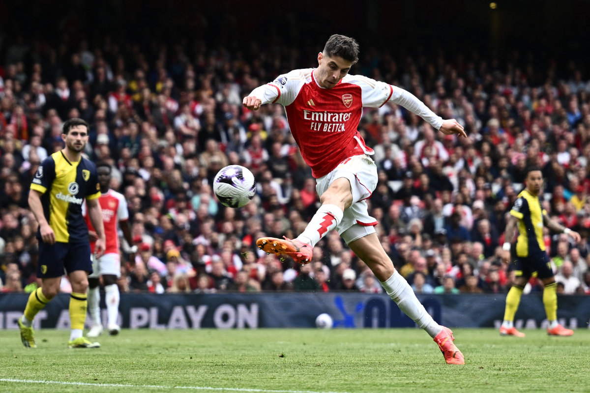 Arsenal's Kai Havertz shoots at goal during the match against AFC Bournemouth at Emirates Stadium, London 