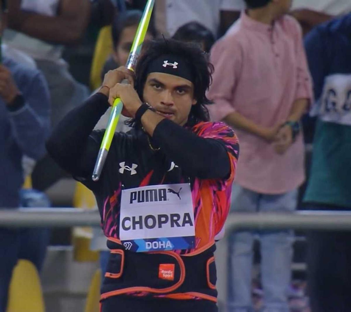 Neeraj Chopra in action at the Doha Diamond League meeting, May 10, 2024