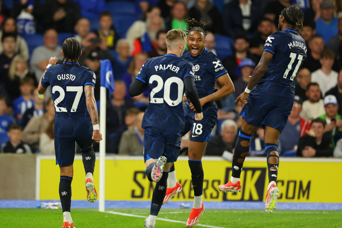 Chelsea's Christopher Nkunku celebrates with Cole Palmer, Malo Gusto and Noni Madueke on scoring their second goal against Brighton at the The American Express Community Stadium, Brighton, on Wednesday.