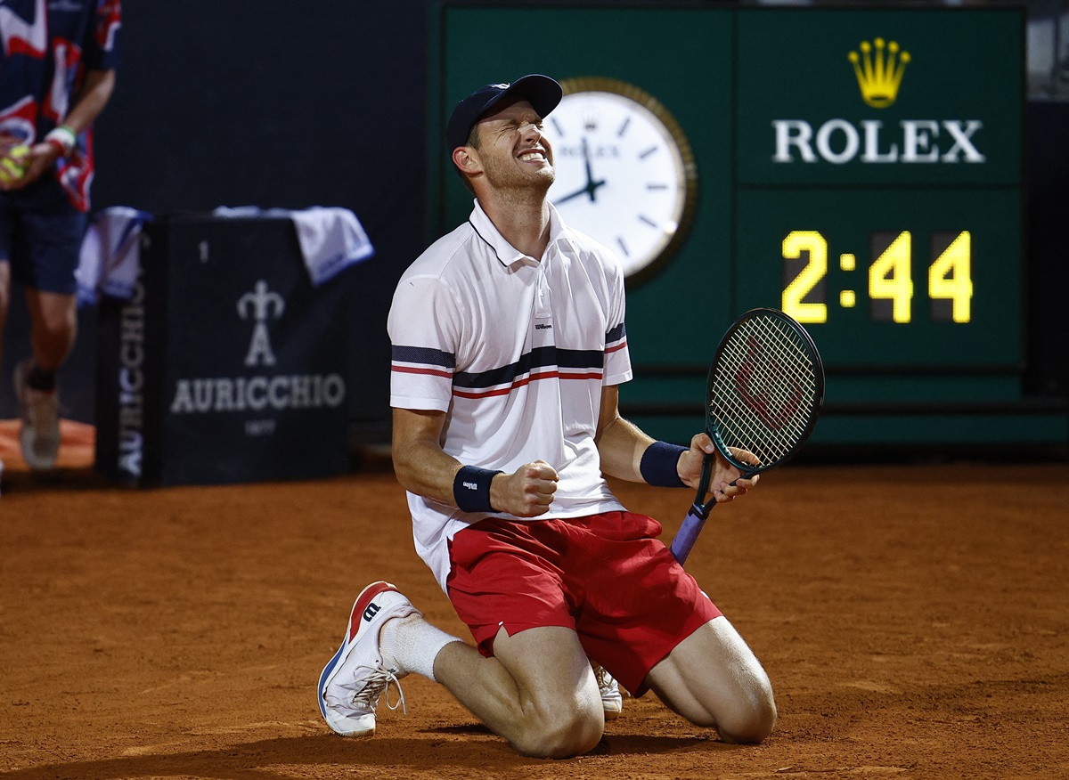 Chile's Nicolas Jarry celebrates defeating Tommy Paul of the United States in the semi-finals of the Italian Open at Foro Italico, Rome, on Friday.