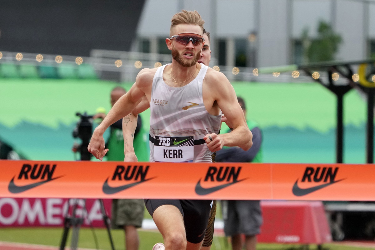 Great Britains's Josh Kerr breasts the tape to win the Bowerman Mile in 3:45.34s.