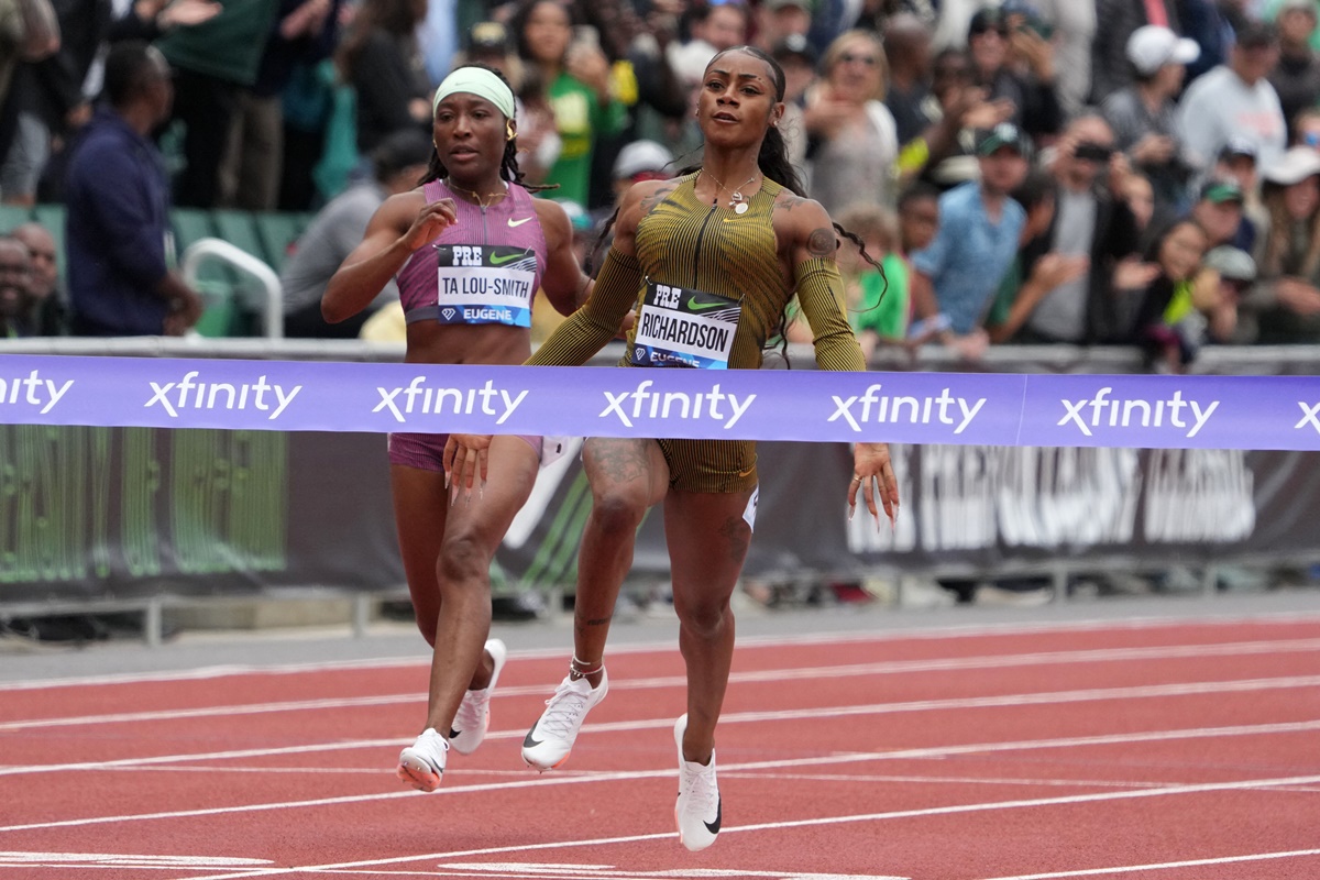 Sha'Carri Richardson of the United States wins the women's 100 metres in 10.83s.