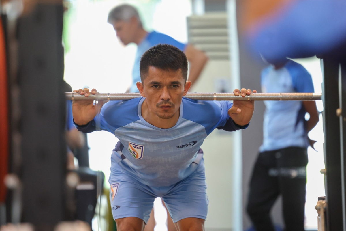 Sunil Chhetri at a gym session along with the Indian team in Kolkata on Wednesday