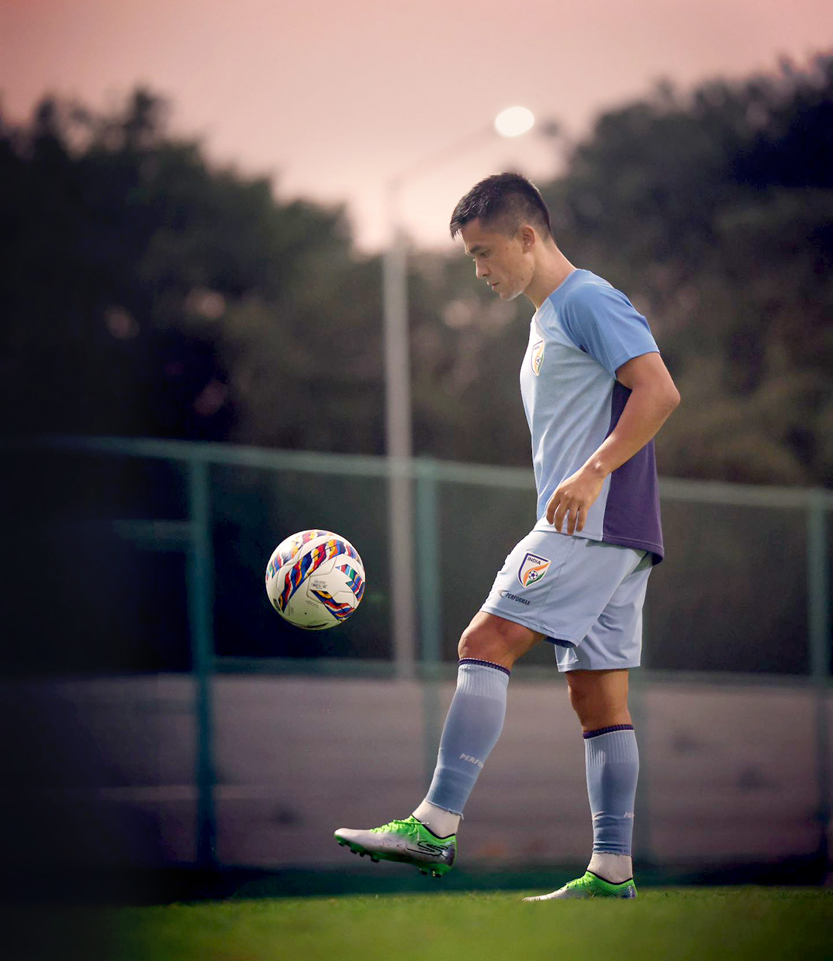 Indian football captain Sunil Chhetri trains in Kolkata on Wednesday