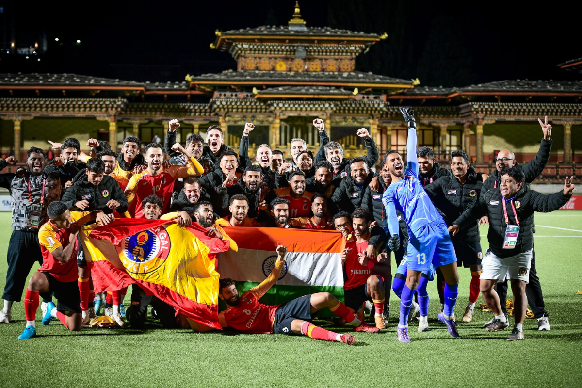 East Bengal FC players celebrate their win on Friday