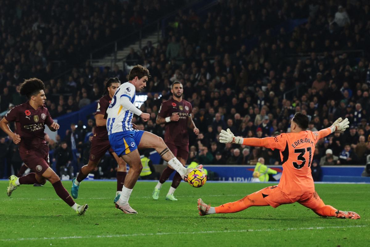 Brighton & Hove Albion's Matt O'Riley scores their second goal against Manchester City at The American Express Community Stadium, Brighton, Britain