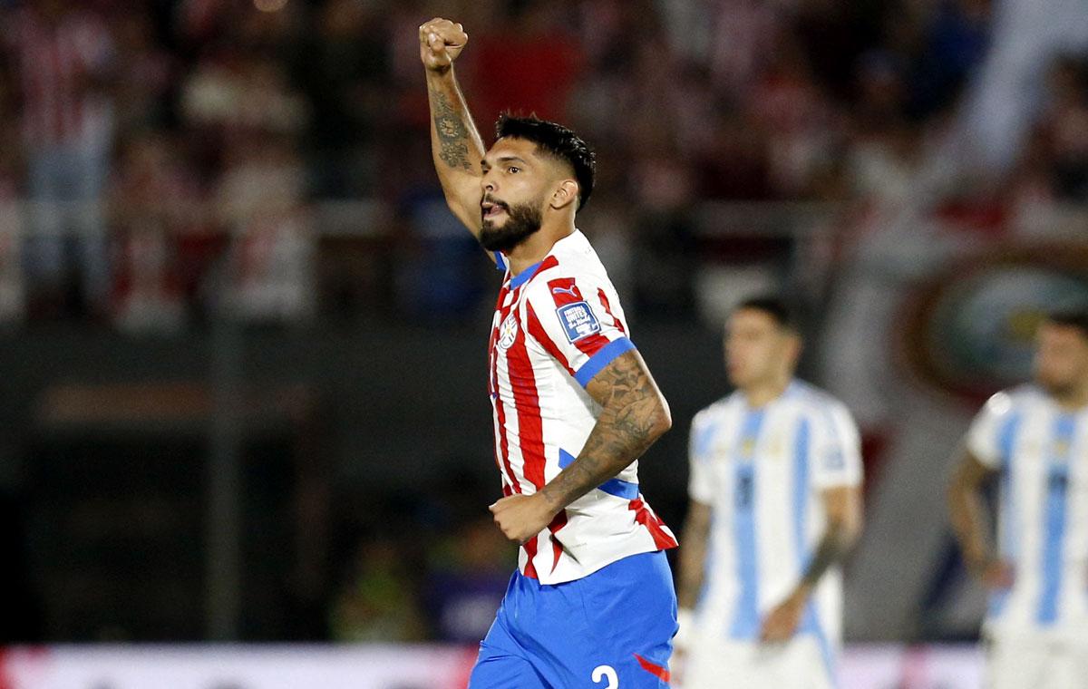 Omar Alderete celebrates scoring Paraguay's second goal