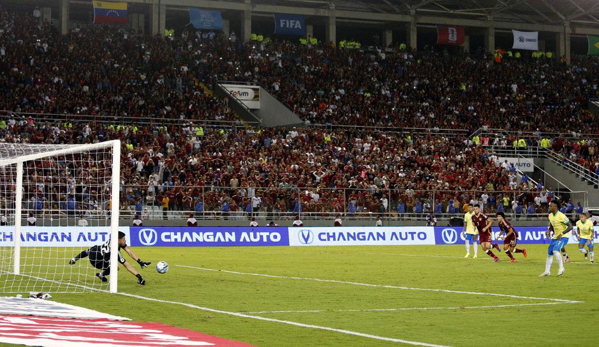 Brazil's Vinicius Junior has his penalty saved by Venezuela goalkeeper Rafael Romo