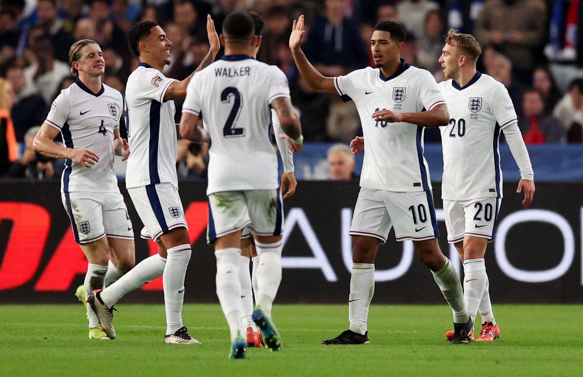 England's players celebrate their second goal