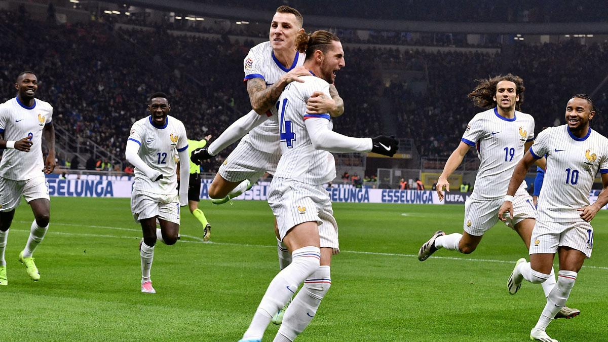 France's players celebrate after Adrien Rabiot scored the first goal 