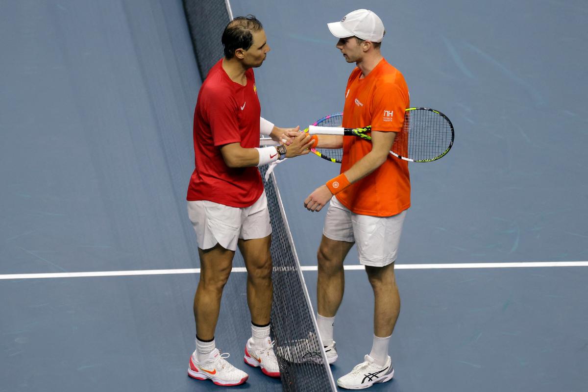 Spain's Rafael Nadal and Netherlands' Botic van de Zandschulp shake hands after their match