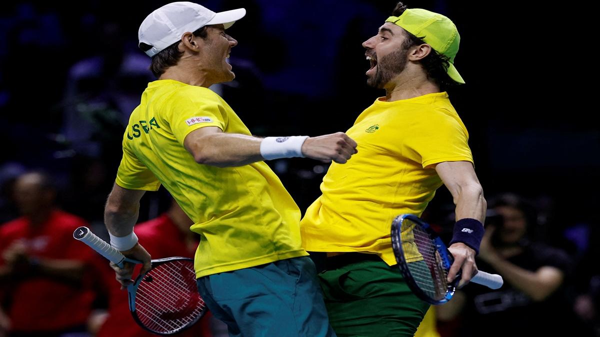 Australia's Jordan Thompson and Matthew Ebden celebrate winning their doubles match against Ben Shelton and Tommy Paul of the United States in the Davis Cup quarter-finals at Palacio de Deportes Jose Maria Martin Carpena Arena, Malaga, Spain, on Thursday.