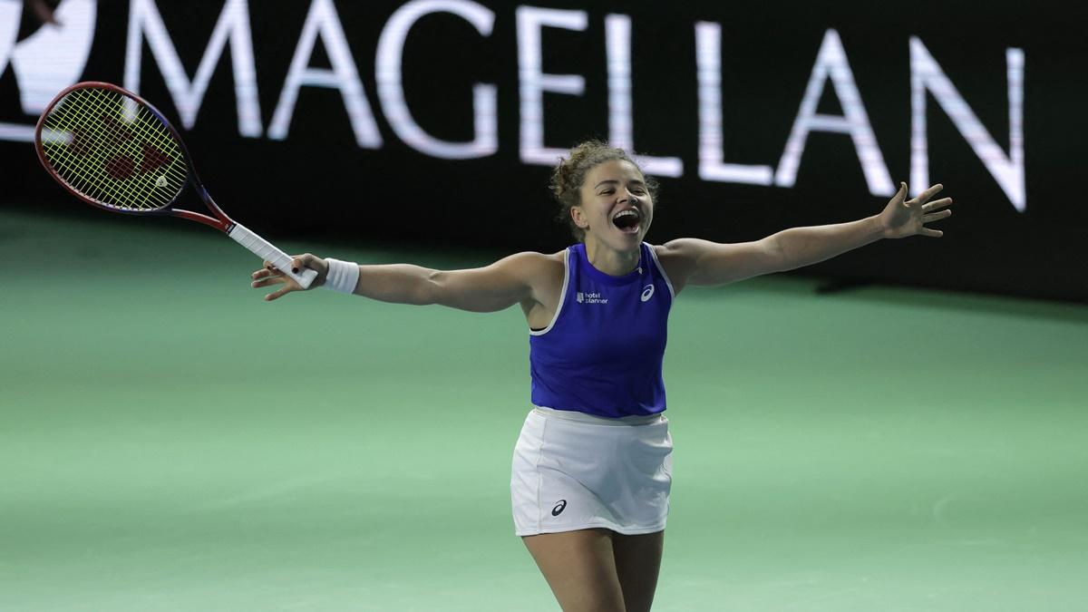 Jasmine Paolini celebrates victory over Rebecca Sramkova in the second singles rubber as Italy wrap up a 2-0 win over Slovakia.