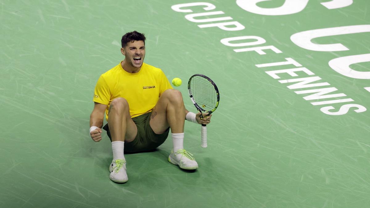 Thanasi Kokkinakis celebrates winning his singles match against Ben Shelton.