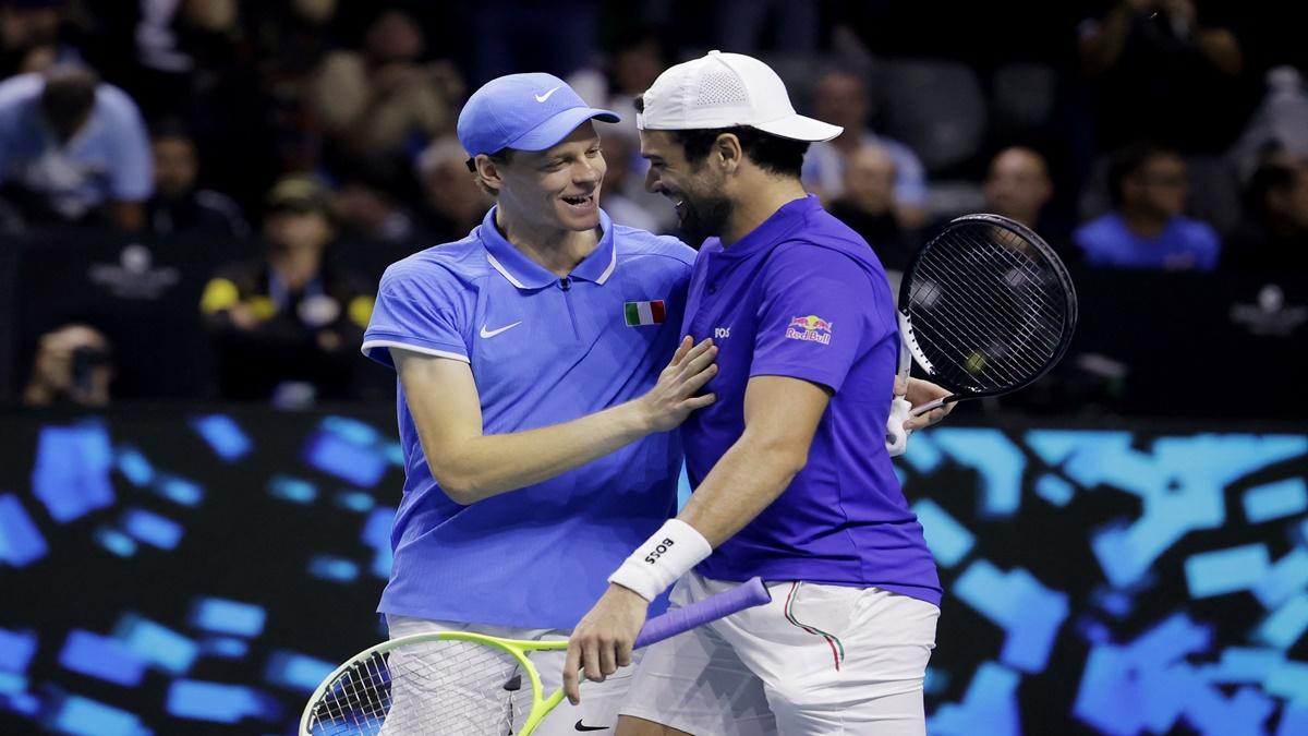 Italy's Jannik Sinner and Matteo Berrettini celebrate winning their doubles match against Argentina's Maximo Gonzalez and Andres Molteni in the Davis Cup quarter-final at Palacio de Deportes Jose Maria Martin Carpena Arena, Malaga, Spain, on Thursday night.