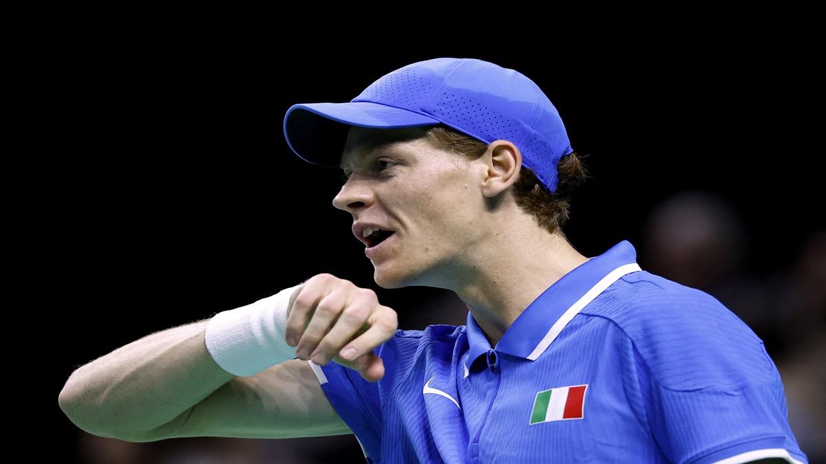 Jannik Sinner reacts during his singles match against Sebastian Baez.