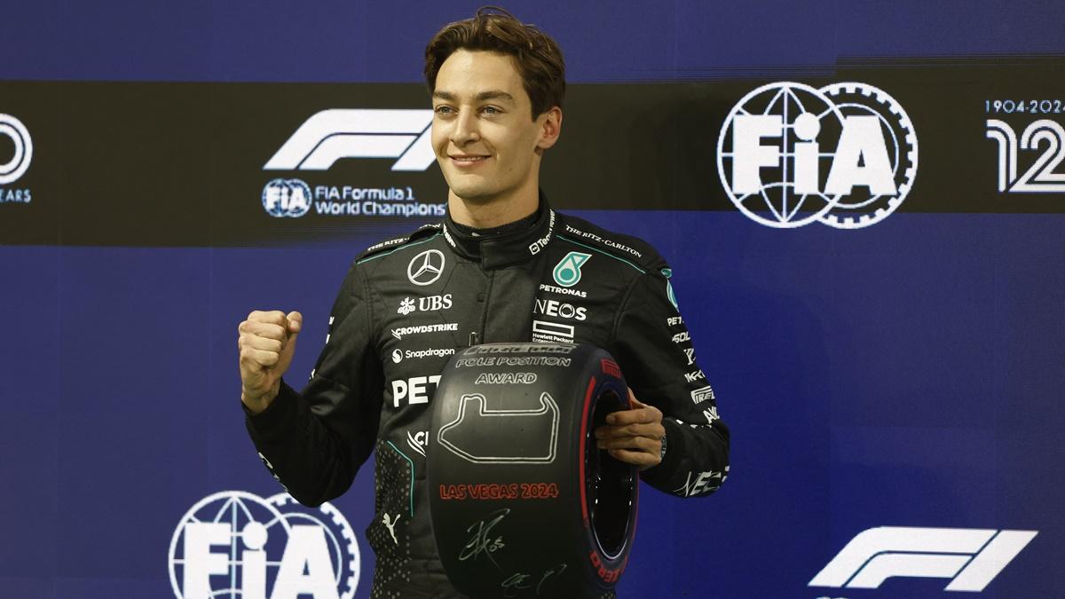 Mercedes driver George Russell celebrates after qualifying in pole position for the Formula One Las Vegas Grand Prix, at Las Vegas Strip Circuit, Nevada, on Friday.