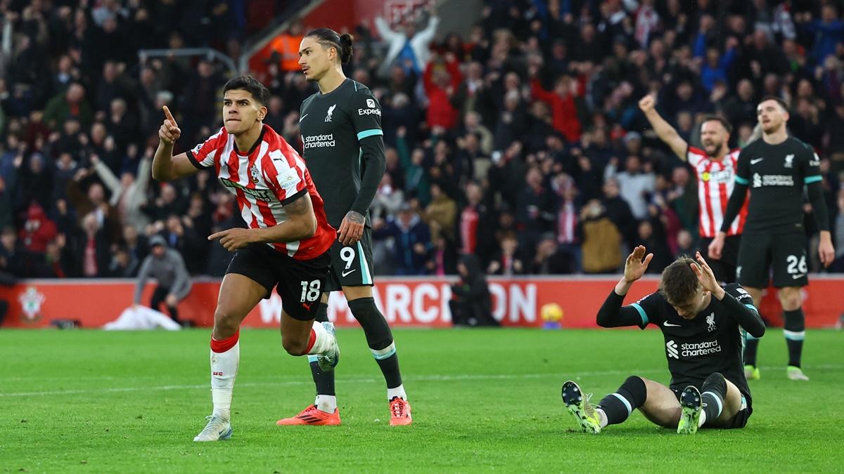 Mateus Fernandes breaks into celebration after scoring Southampton's second goal.