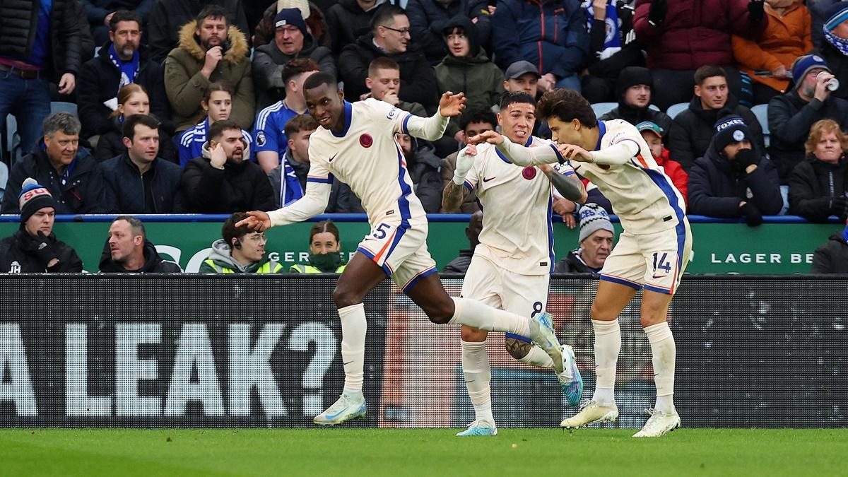 Nicolas Jackson celebrates scoring Chelsea's first goal with Enzo Fernandez and Joao Felix.