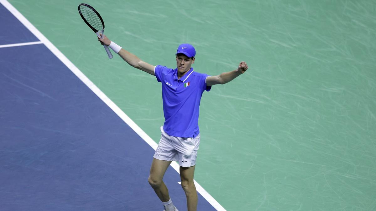 Italy's Jannik Sinner celebrates victory over the Netherlands' Tallon Griekspoor in the second singles and winning the Davis Cup final at Palacio de Deportes Jose Maria Martin Carpena Arena, Malaga, Spain, on Sunday.