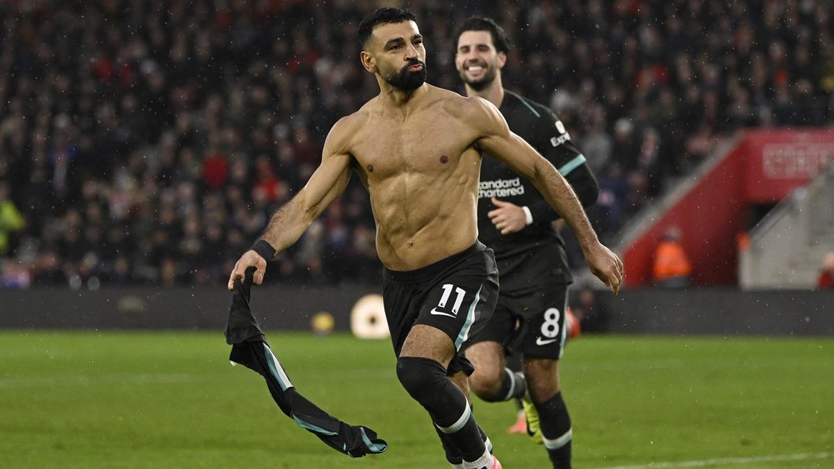 Mohamed Salah celebrates scoring the match-winner for Liverpool in the Premier League match against Southampton at St Mary's Stadium, Southampton, on Sunday.