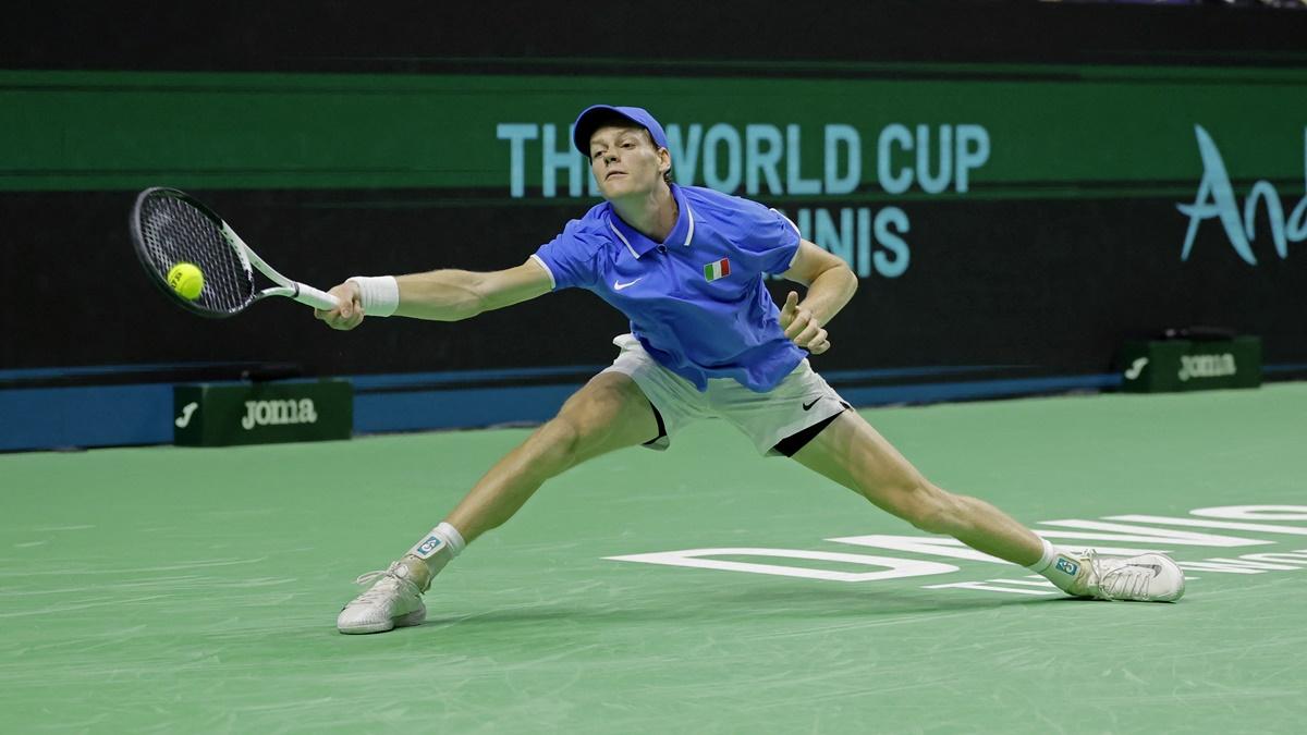 Italy's Jannik Sinner stretches for a return during the Davis Cup semi-final against Australia's Alex De Minaur, at Palacio de Deportes Jose Maria Martin Carpena Arena, Malaga, Spain, on Saturday.