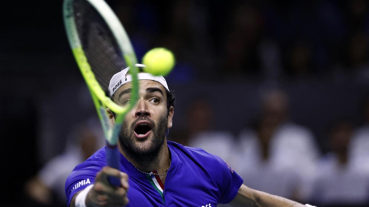 Matteo Berrettini in action during his singles match against Botic Van De Zandschulp.