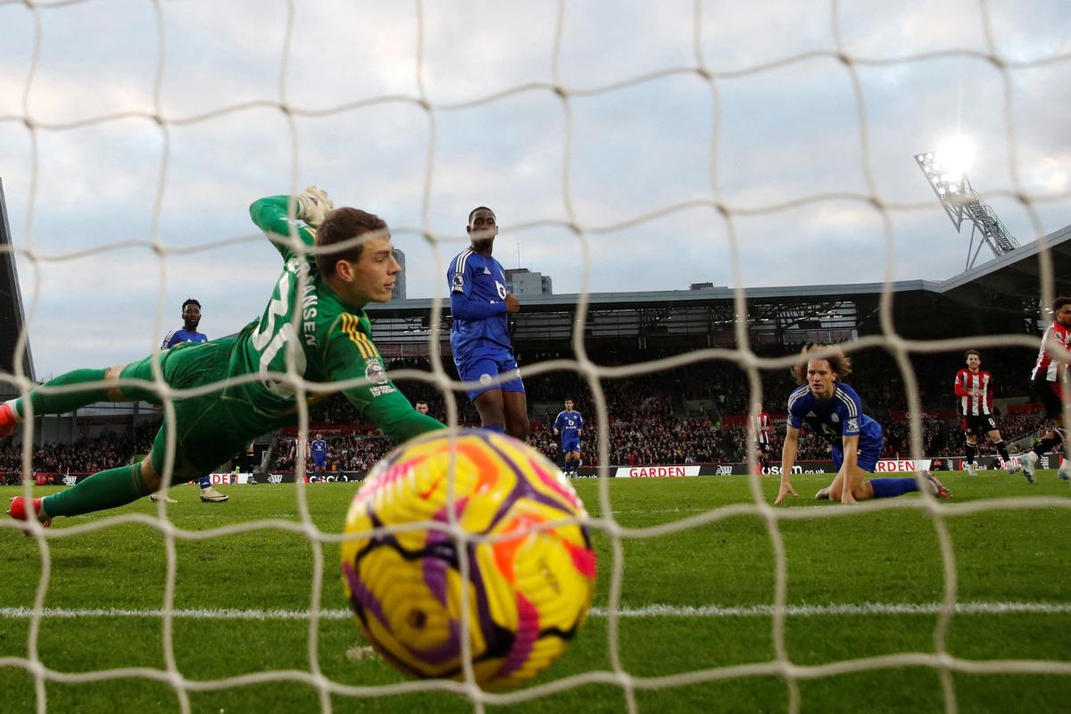 Brentford's Kevin Schade scores their second goal against Leicester City at GTech Community Stadium, London, on Saturday