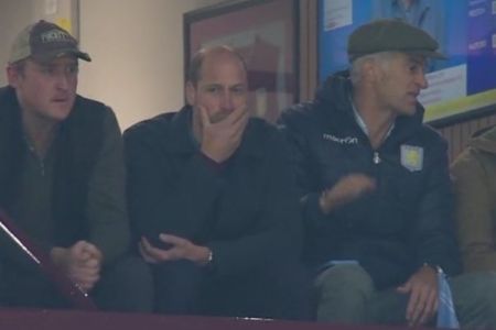 Prince William with his friends watch the match between Aston Villa and Bayern Munich