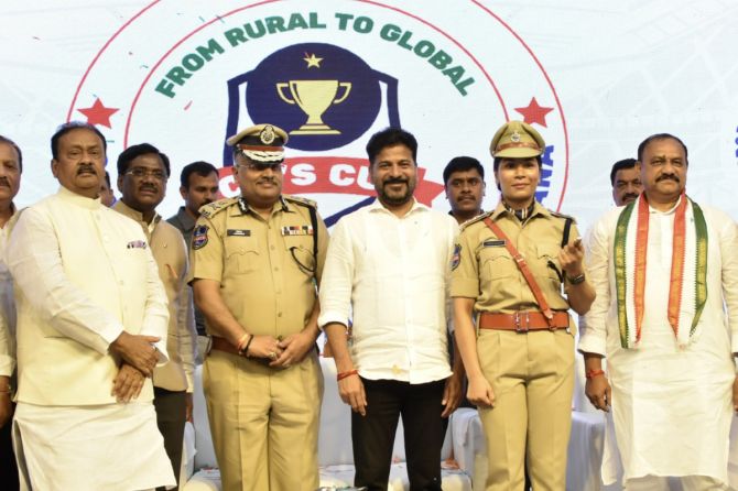 Nikhat Zareen with Telangana Chief Minister Revanth Reddy and others officials during her promotion to DSP.