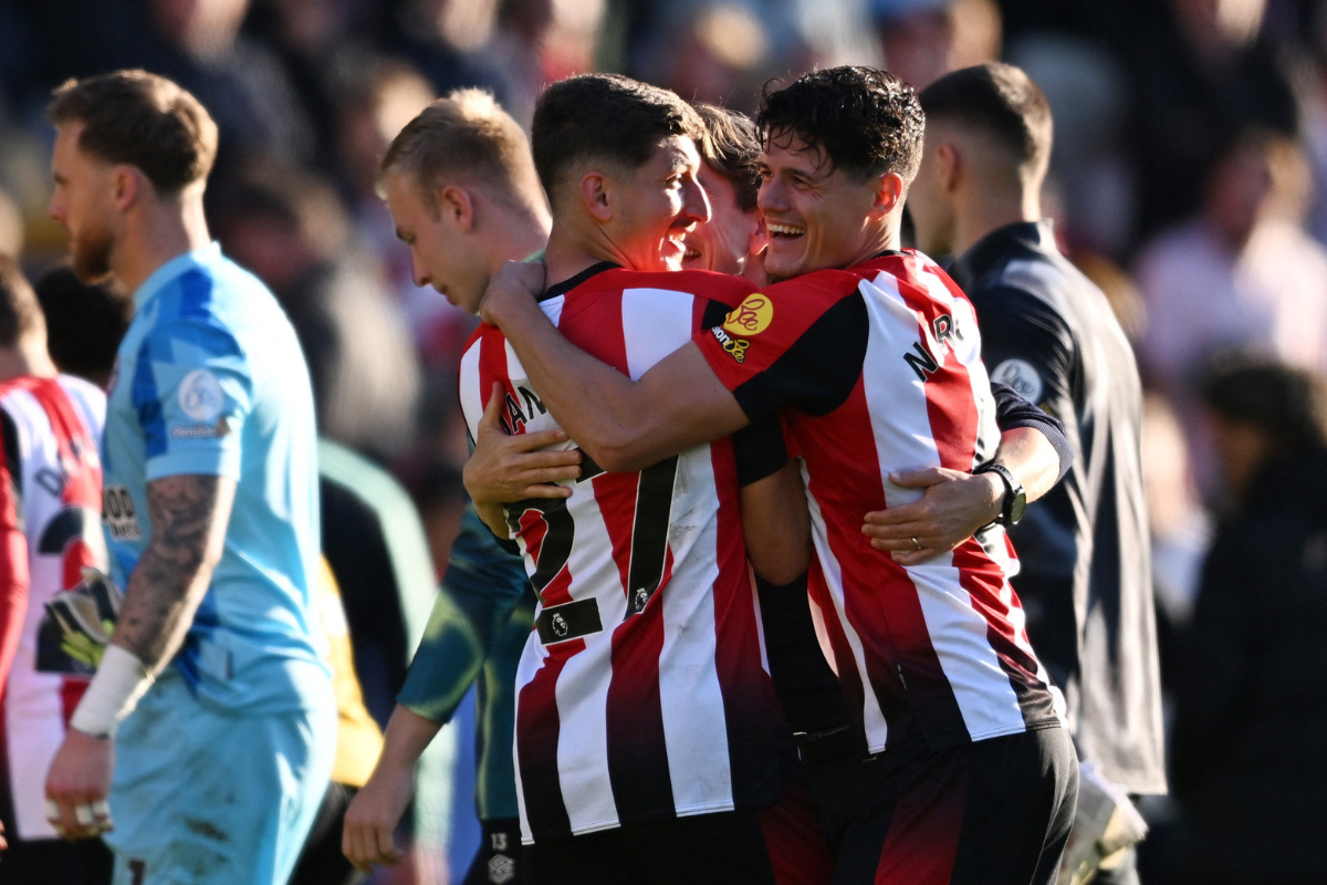 Brentford's Christian Norgaard and Vitaly Janelt celebrate after the match