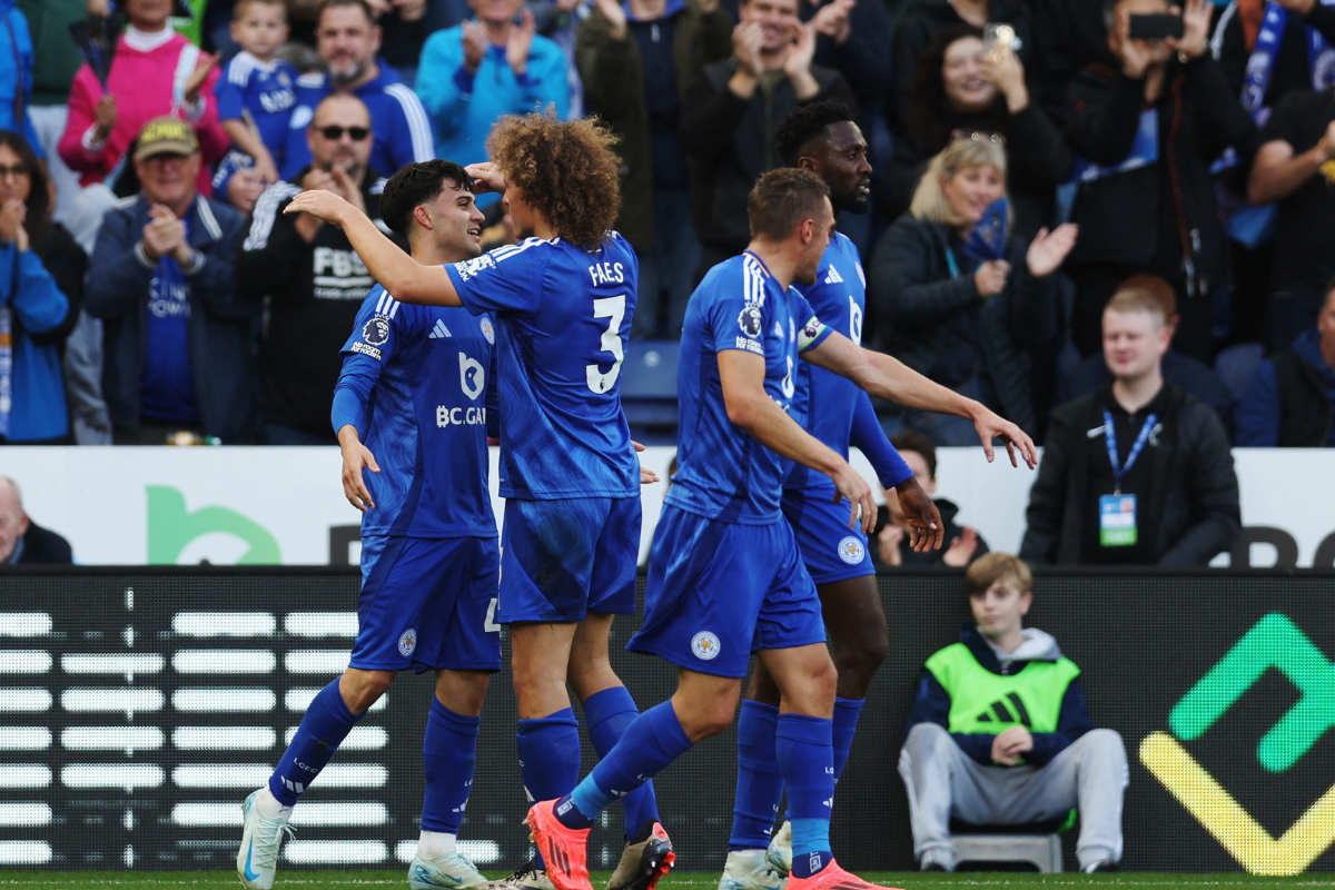 Leicester City's Facundo Buonanotte celebrates scoring their first goal with teammates