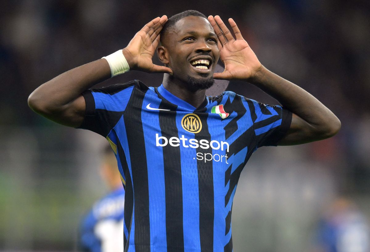 Marcus Thuram celebrates scoring Inter Milan's first goal