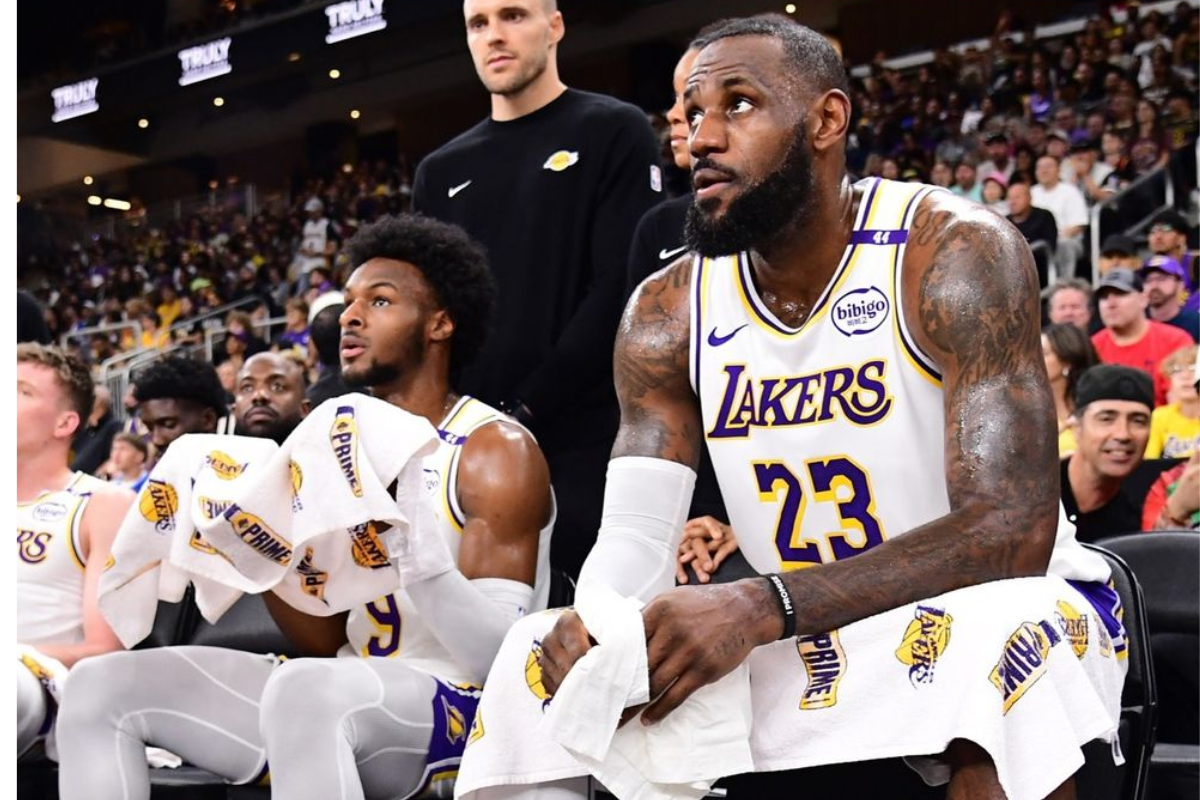 LeBron James and Bronny James courtside