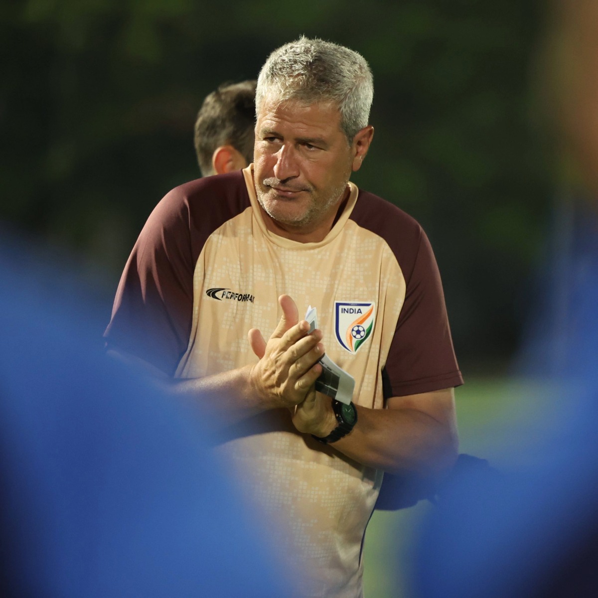 Indian football coach Manolo Marquez at the training session on Monday