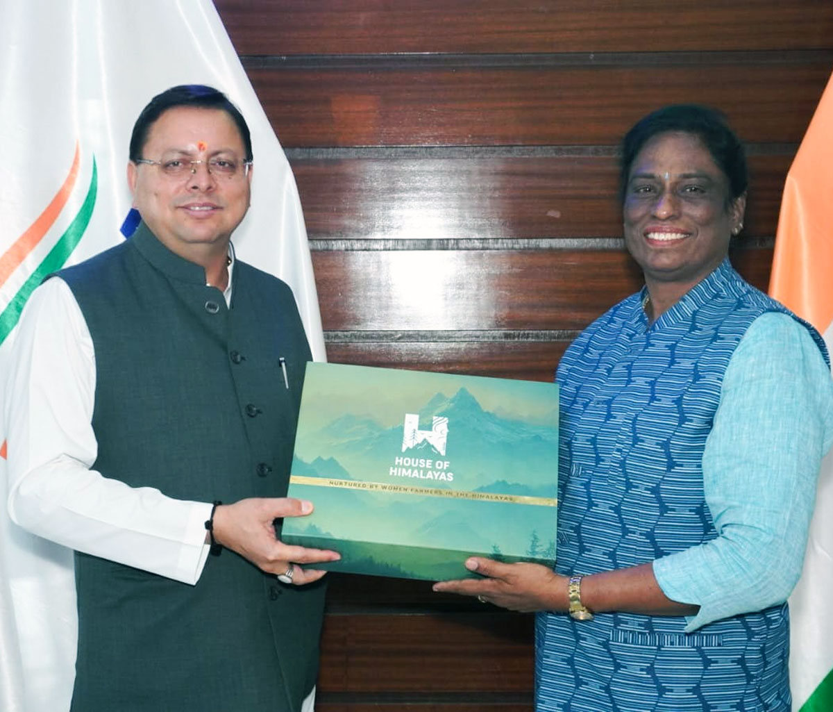 P T Usha with Uttarakhand chief minister Pushkar Singh Dhami