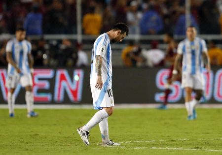 A dejected Argentina's Lionel Messi after the match against Venezuela