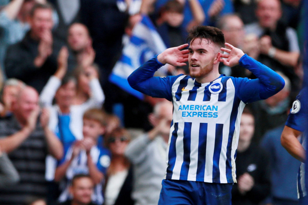 Brighton and Hove Albion's Aaron Connolly celebrates scoring against Tottenham Hotspur at The American Express Community Stadium, Brighton, Britain, on October 5, 2019 