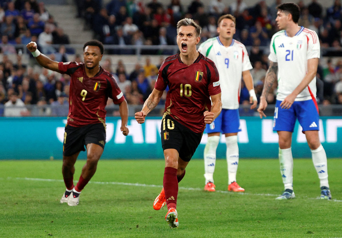 Belgium's Leandro Trossard celebrates scoring their second goal against Italy.