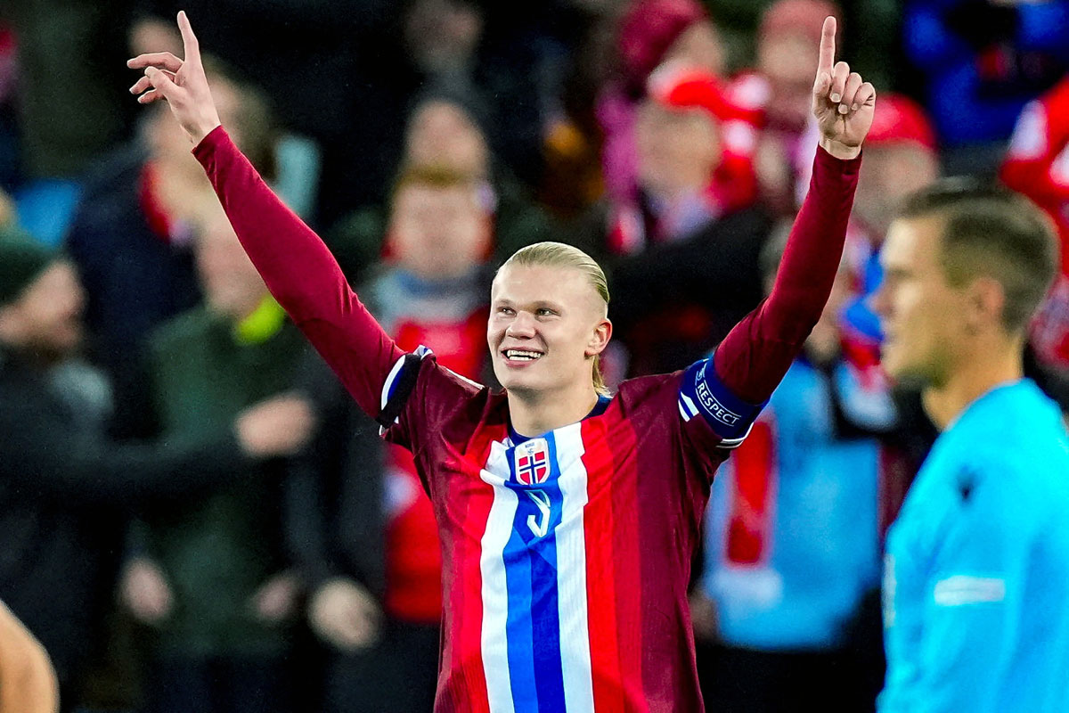 Erling Haaland celebrates scoring Norway's first goal against Slovenia