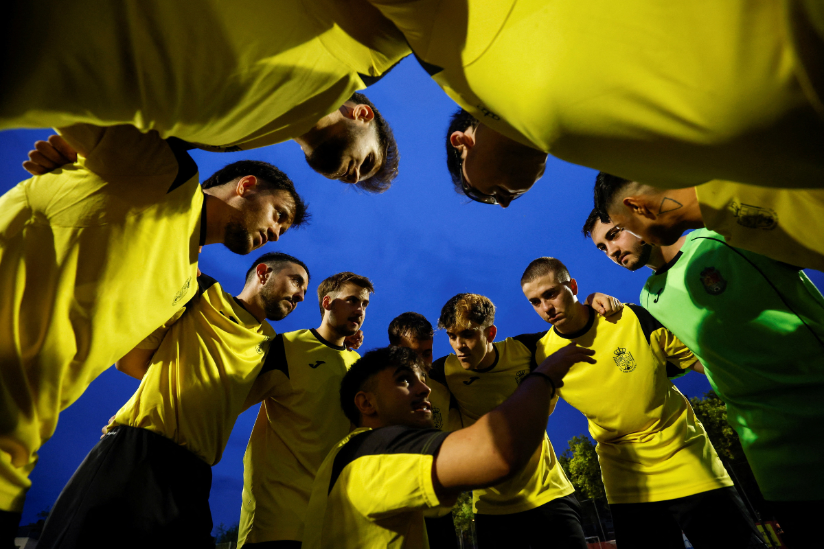 P.R. Sant Feliu Llobregat C - Fenix (Spain's first federated transgender soccer team to achieve federated status) captain Luck Ibanez speaks to his players before their first official soccer match against Palleja CF B at a Catalan regional league, in Palleja city, near Barcelona, Spain 