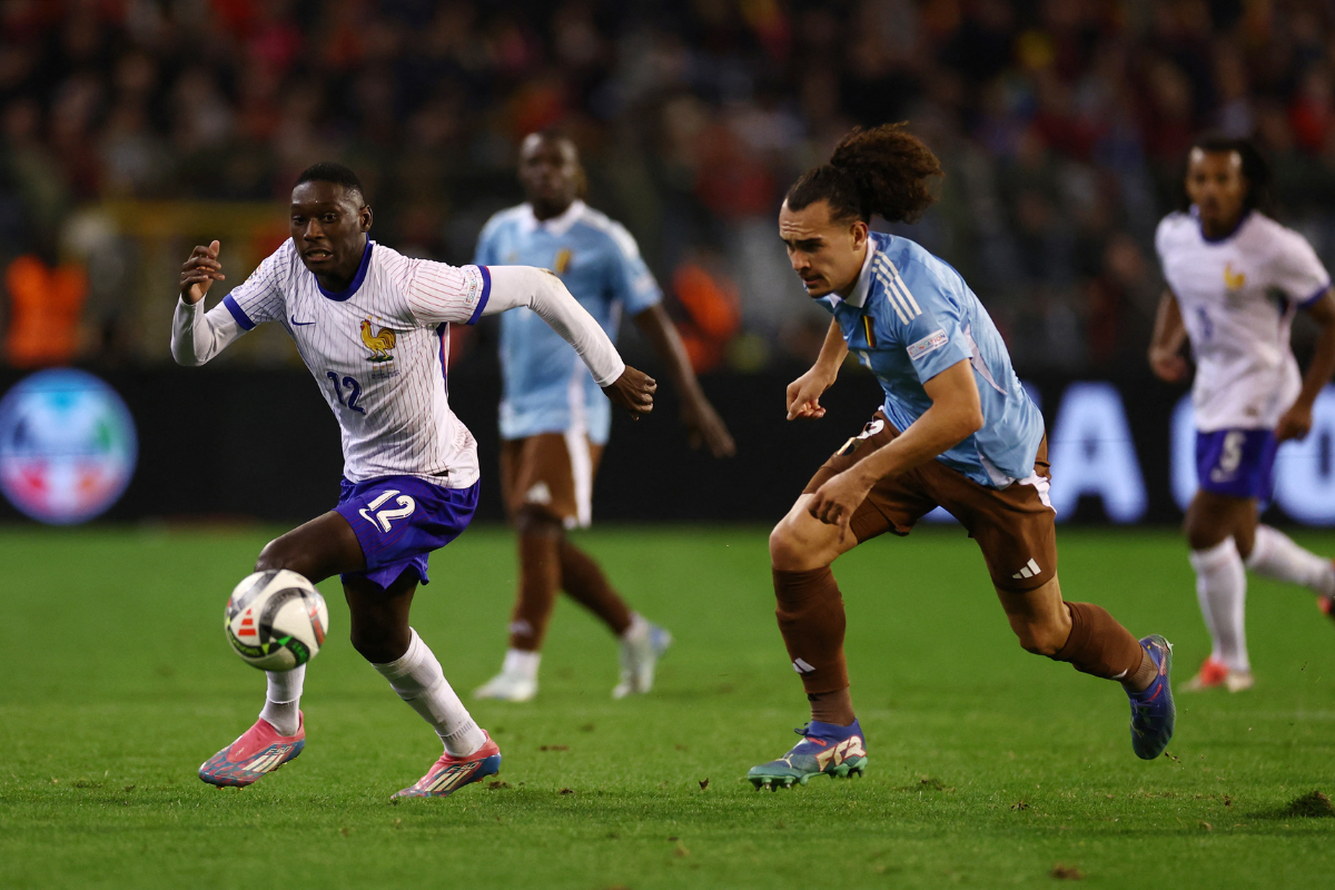 France's Randal Kolo Muani and Belgium's Arthur Theate vie for possession during their UEFA Nations League - Group A2 match King Baudouin Stadium, Brussels, Belgium