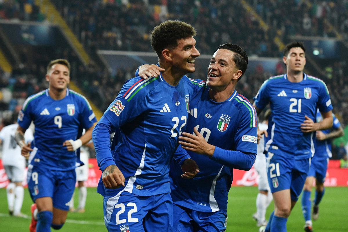 Italy's Giovanni Di Lorenzo celebrates scoring their second goal against Israel in their   UEFA Nations League Group A2 match at Bluenergy Stadium, Udine, Italy